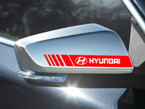 Front angle of Hyundai with Hard Goat side mirror sticker with red stripe design.
