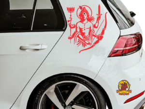 Red Krishna Sticker Close-Up