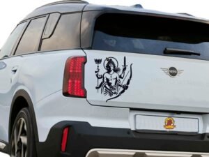 Rear Windshield Krishna Sticker – Black 3D Lord Krishna Design with Flute & Weapons
