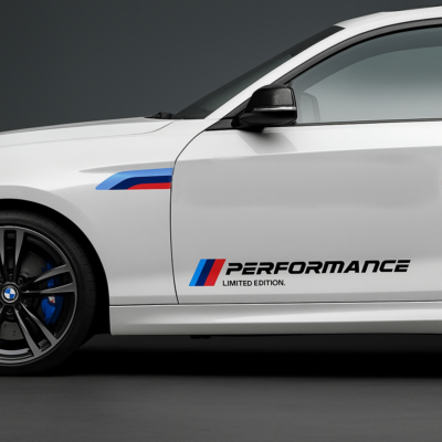BMW Performance side skirt sticker on white car with M stripes – sporty car decal design