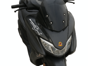 Suzuki Burgman Street 125 front view with white modified Burgman sticker and windshield graphic.