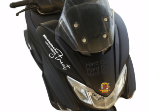 Suzuki Burgman Street 125 in matte black with white Burgman Street sticker and windshield.