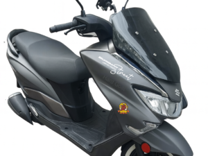 Side-angle view of Suzuki Burgman Street 125 with white sticker and windshield.